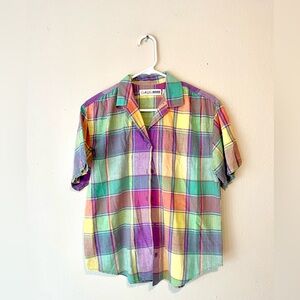 Vintage Clause Petites Short Sleeve Plaid Color Block Pastel Women's 10